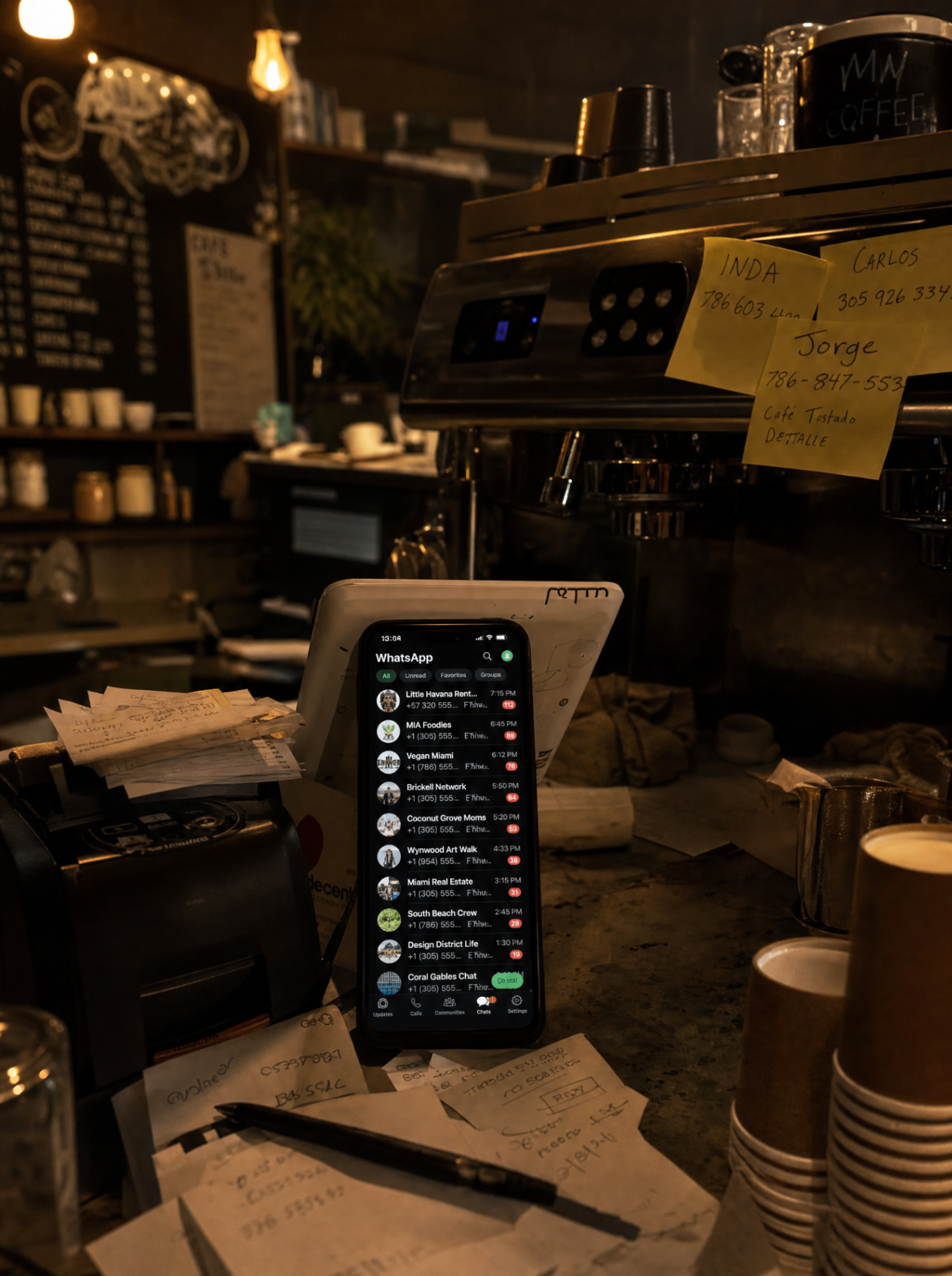 Café en Miami: antes — pedidos en post-its y caos manual